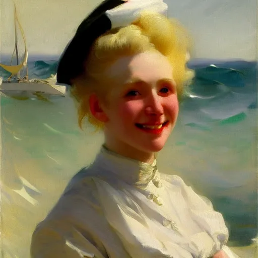 Prompt: painting of a cute albino female sailor woman with broad shoulders, flowing white hair, and a confident smile, ocean background. painting by john singer sargent and ivan aivazovsky, 4 k hd artstation