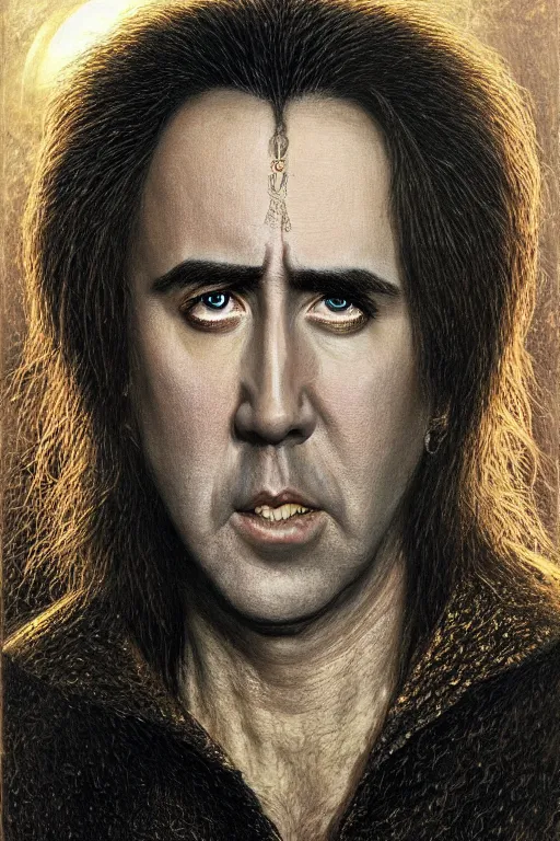 Image similar to portrait of Nicolas Cage as wizard, fantasy, intricate, highly detailed, artstation, illustration by ken kelly
