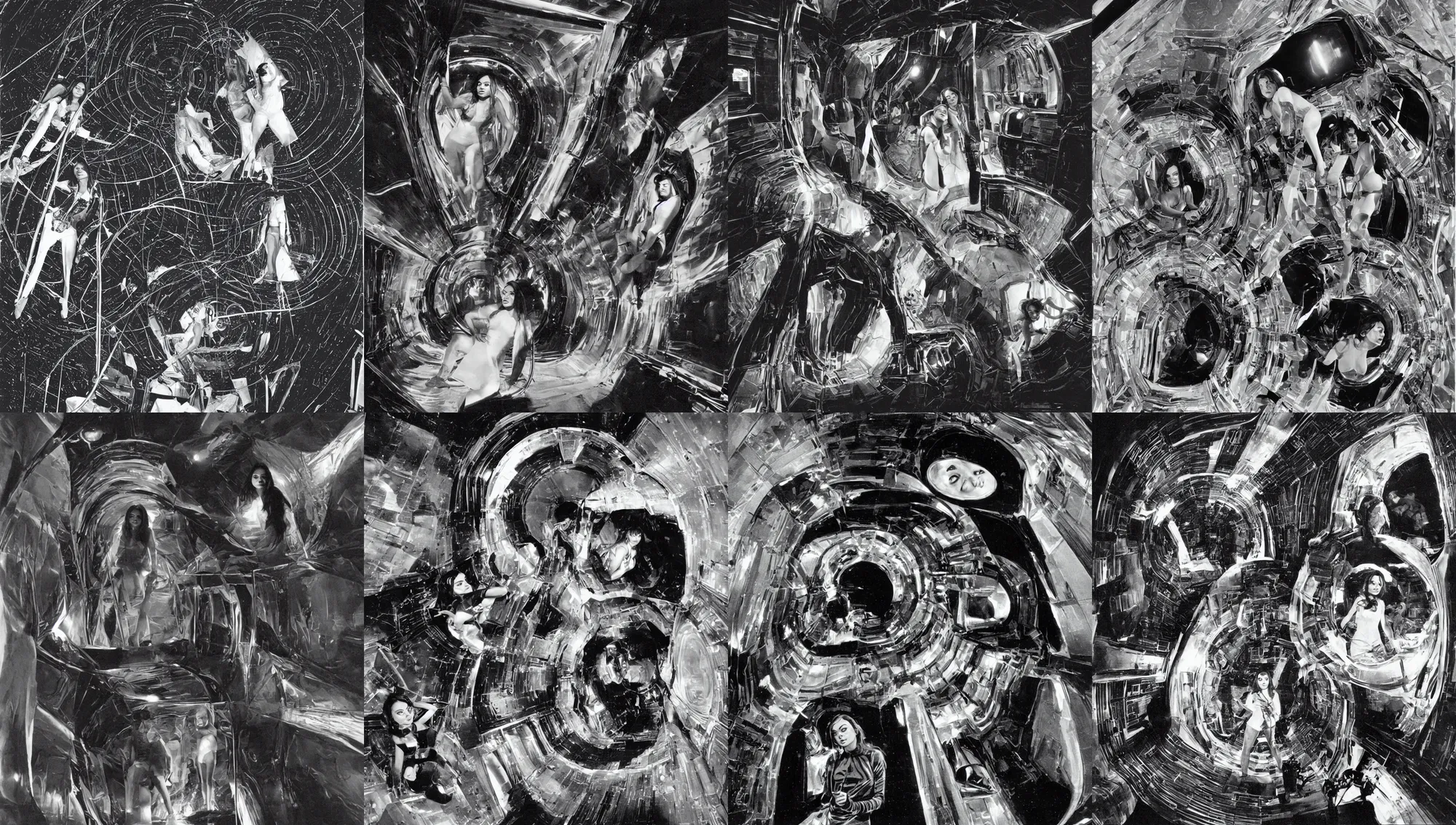 Prompt: portrait of Mila Kunis sbeaking around the inside of a claustrophobic dark space ship, 1970, Ludek Pesek, Rick Guidice, Chesley Bonestell, Lucien Rudaux, Rolf Klep, Fred Freeman, George Pal