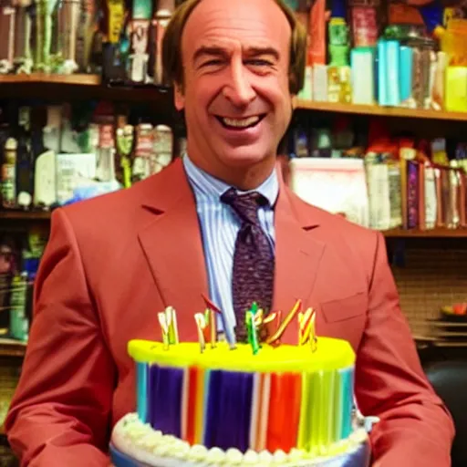 Image similar to saul goodman, smiling, holding a birthday cake