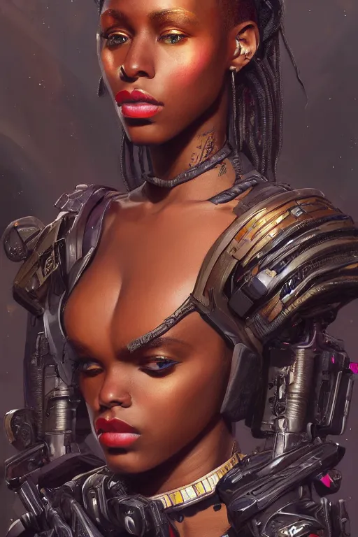 Prompt: portrait of a beautiful young Black woman, cyberpunk, Warhammer, highly detailed, artstation, illustration, art by Gustav Klimt