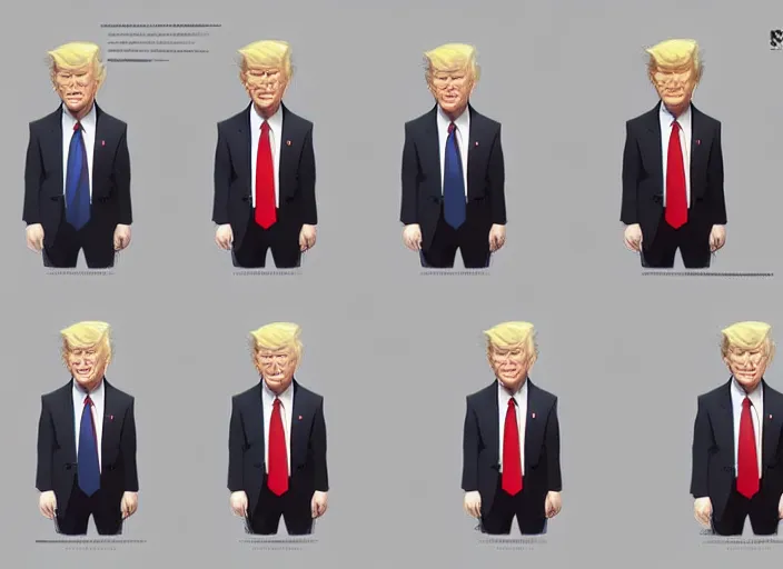 Prompt: character model sheet of donald trump by greg rutkowski, by studio ghibli and ross tran, digital art, trending on artstation, highly detailed, illustration, concept art, elegant, beautiful, masterpiece