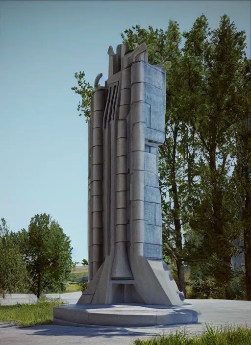 Prompt: highly detailed realistic architecture 3 d render of a metallic stele monument in frank lloyd wright style standing on a side of a highway, archdaily, made in unreal engine 4 octane render