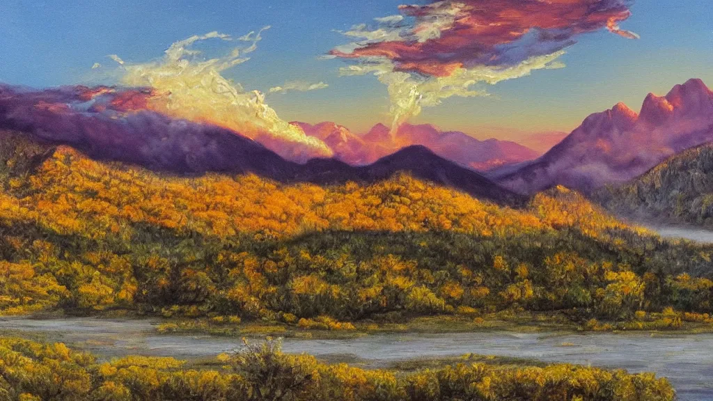 Image similar to The most beautiful panoramic landscape, oil painting, where the mountains are towering over the valley below their peaks shrouded in mist. The sun is just peeking over the horizon producing an awesome flare and the sky is ablaze with warm colors and mammatus clouds. The river is winding its way through the valley and the trees are starting to turn yellow and red, by Greg Rutkowski, aerial view