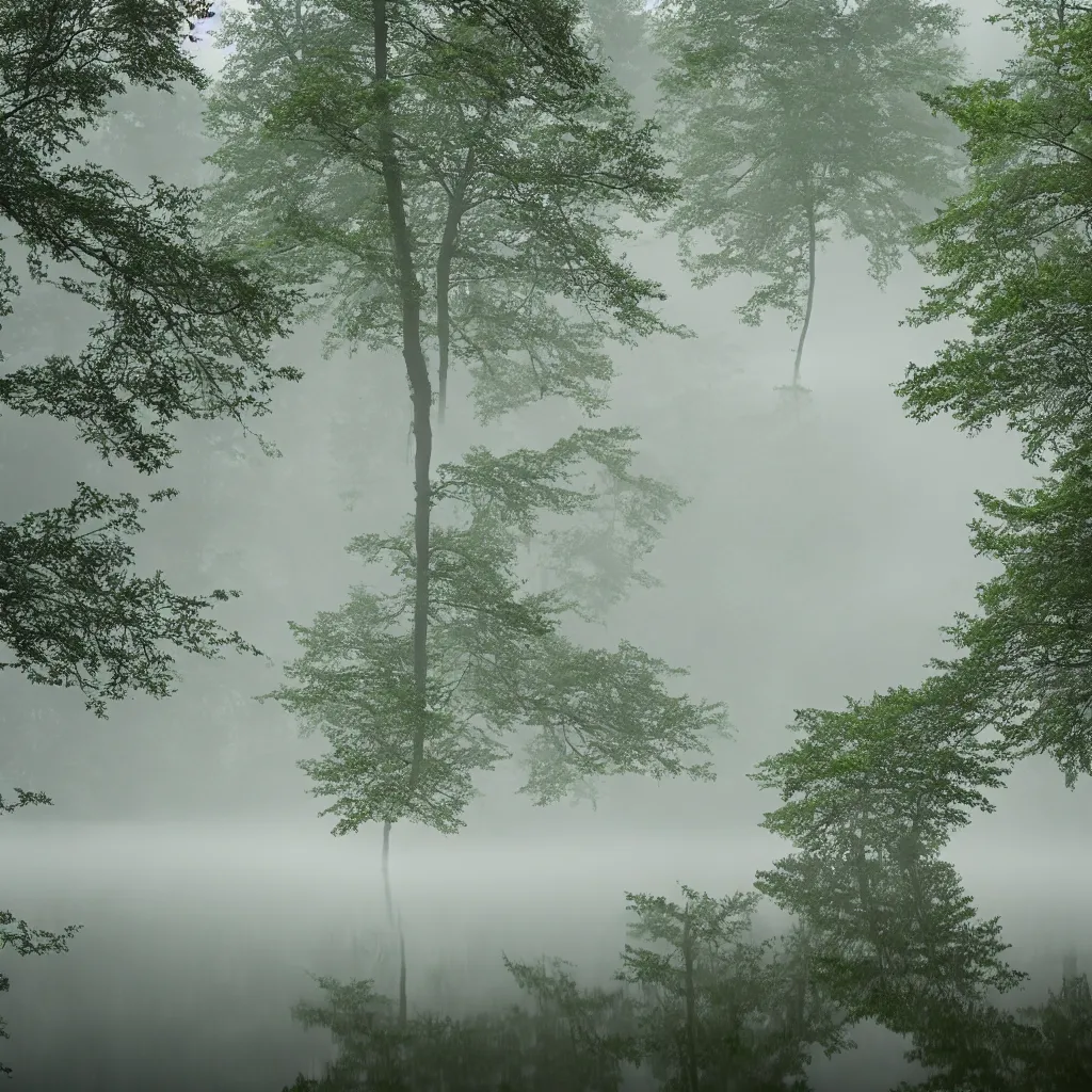 Prompt: evening, mist over the lake in the forest