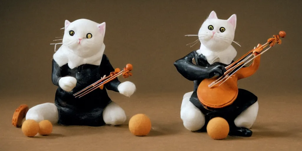 Prompt: a cat playing the fiddle while dancing on its hind legs on top of a round ball of Swiss cheese, in the style of claymation