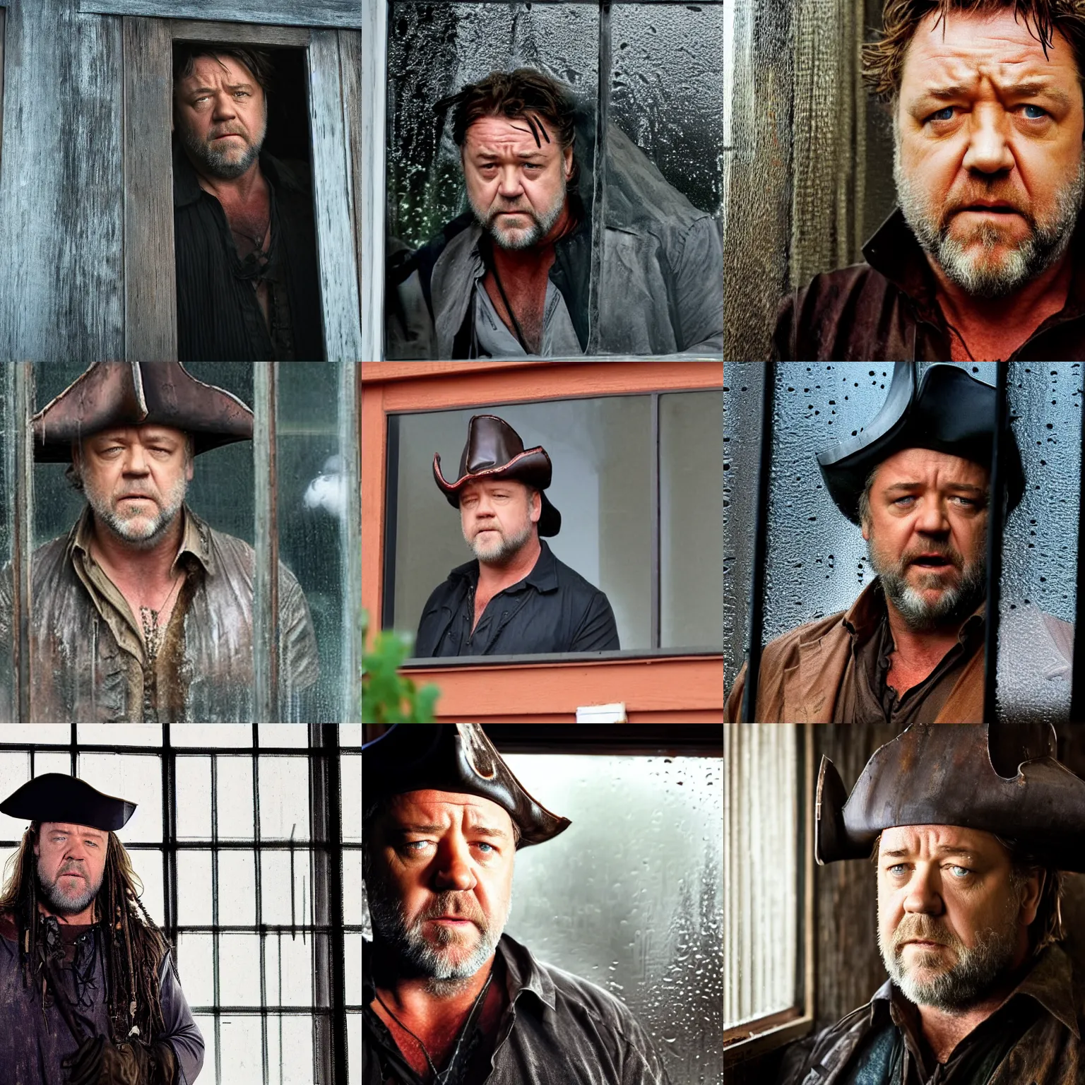 Image similar to concerned russell crowe wearing a big pirate hat standing behind a rainy dirty window and wooden wall peering out towards the camera