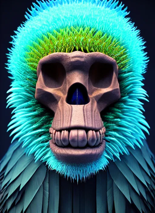 Image similar to 3 d ape shaman profile portrait, sigma 5 0 0 mm f / 5. beautiful intricate highly detailed quetzalcoatl skull and feathers. bioluminescent, plasma, lava, ice, water, wind, creature, thunderstorm! artwork by tooth wu and wlop and beeple and greg rutkowski, 8 k trending on artstation,