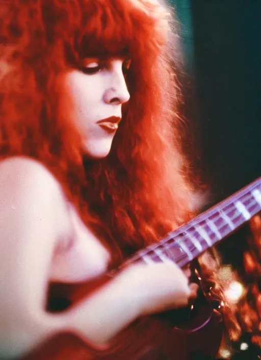 Image similar to dslr portrait photo still of 2 4 year old stevie nicks at age 2 4 with red hair playing a guitar, 8 5 mm, f 1. 8