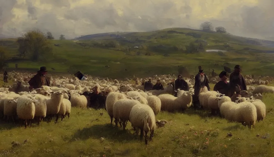 Prompt: simple amish shepherds with flocks of sheep in open fields, art by anders zorn, wonderful masterpiece by greg rutkowski, beautiful cinematic light, american romanticism thomas lawrence, greg rutkowski