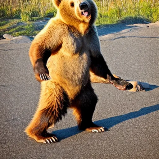 Image similar to a ferocious grizzly bear. The bear is wearing shorts on his legs!