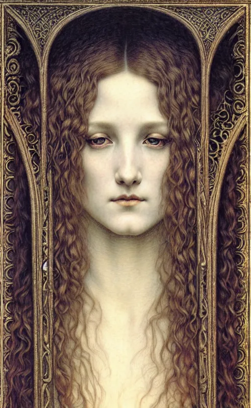 Image similar to detailed realistic beautiful young medieval queen face portrait by jean delville, gustave dore and marco mazzoni, art nouveau, symbolist, visionary, gothic, pre - raphaelite. horizontal symmetry