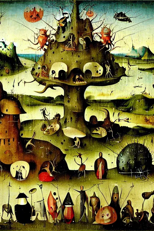 Image similar to a beautiful landscape with weird creatures by hieronymus bosch