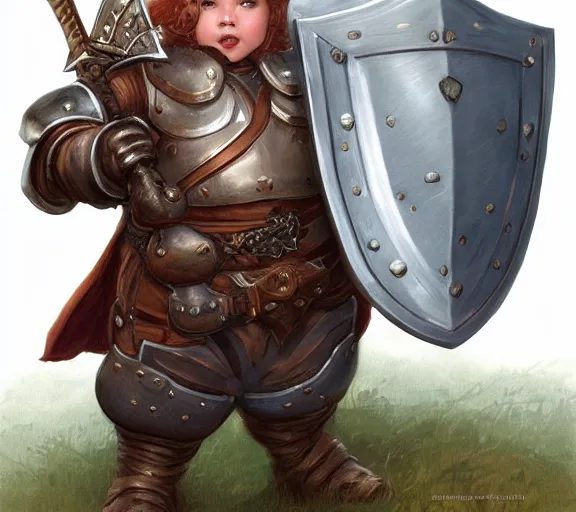 Prompt: cute chubby plump gnome woman wearing copper armor with sword and shield, small stature, short size, cute and adorable, pretty, beautiful, DnD character art portrait, matte fantasy painting, DeviantArt Artstation, by donato giancola, ralph horley, loish, cinematic lighting