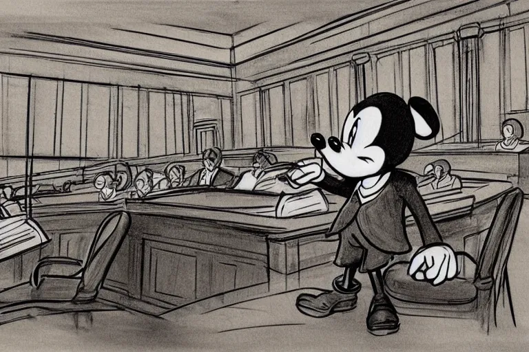 Image similar to detailed background courtroom sketch of vintage disney character lawyer mickey mouse presenting evidence of copyright infringement to the judge bench court room wooden serious dark tone