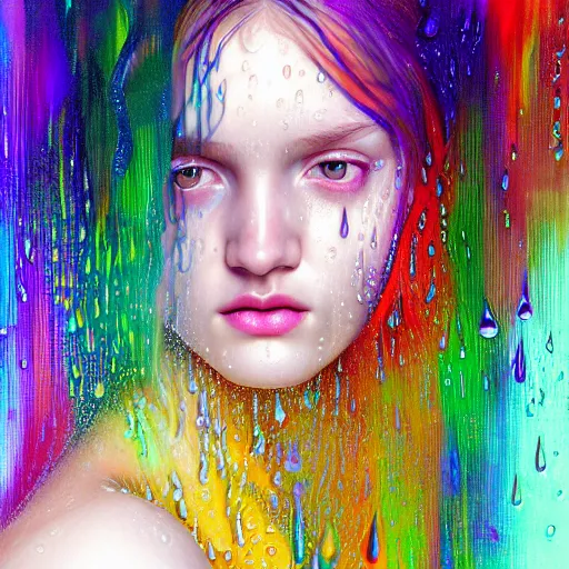 Prompt: portrait of girl in uniquely colored psychedelic rain with wet hair and face, water drops, epiphany, bliss, fantasy, intricate, elegant, dramatic lighting, highly detailed, lifelike, photorealistic, digital painting, artstation, concept art, smooth, sharp focus, illustration, art by John Collier and Albert Aublet and Krenz Cushart and Artem Demura and Alphonse Mucha
