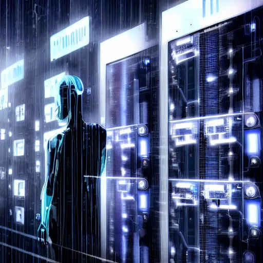 Image similar to human cyborgs wired into a wall of computers, cyberpunk noir