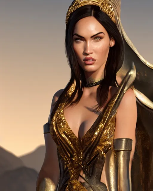 Image similar to megan fox as a Greek goddess in the sky, unreal engine 5