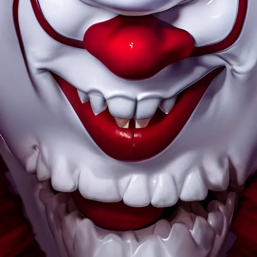 Prompt: Photorealistic pennywise peeking from under the bed. Sharp toothed smile. Flash photography, red fog 4k
