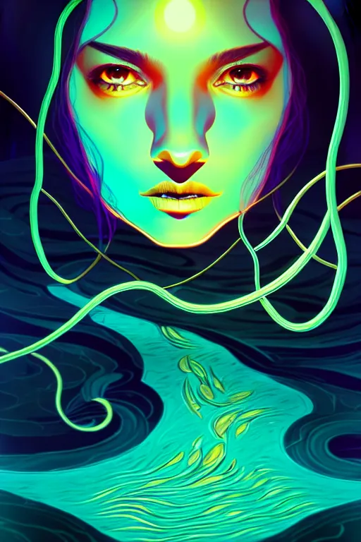 Image similar to 👁👩🏾🌊👾, phantom, dreary, dramatic, fluid, golden ratio, artstation, moebius + loish, hd, long vines,