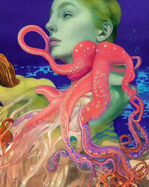 Image similar to a beautiful girl underwater wearing a colourful octopus as a dress and surrounded by glowing jellyfish, painted by edgar maxence, edward hopper, wayne barlowe and james gilleard, airbrush, art by jamesjean