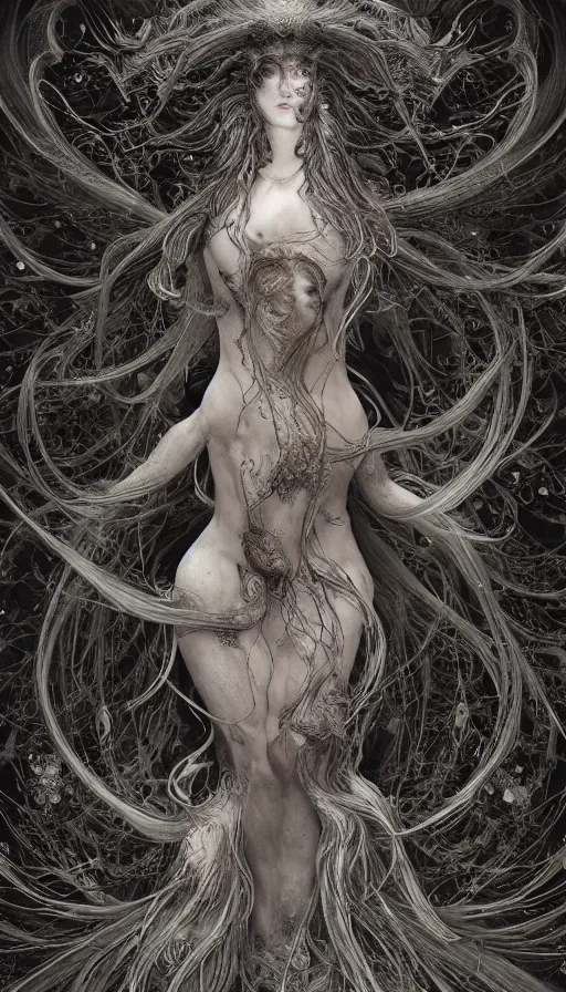 Image similar to ornate, intricate, beautiful, hair, angel, fractal patterns, ethereal, flowing hair, cinematic by tsutomu nihei by emil melmoth, gustave dore, craig mullins, yoji shinkawa, luis royo, skulls, artstation, pete morbacher, hyper detailed, high detail, artstation, rendering by octane, unreal engine, cinematic, ghost, clouds