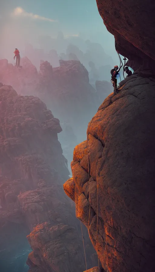 Image similar to rock climbers climbing a rock, an epic fantasy, dramatic lighting, cinematic, extremely high detail, photorealistic, cinematic lighting, matte painting, artstation, octane render, by simon stalenhag, horizon forbidden west