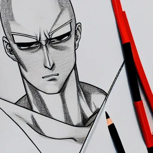 Image similar to schematic drawing of Saitama with pencils and triangle ruler lying next to the drawing