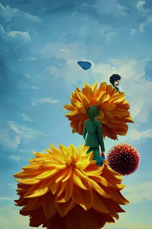 Image similar to closeup giant dahlia flower head, girl in a suit, surreal photography, blue sky, sunrise, dramatic light, impressionist painting, digital painting, artstation, simon stalenhag