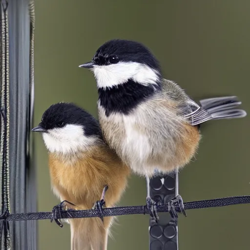 Image similar to three chickadees on a telephone wire, high quality, realistic, photograph, nature