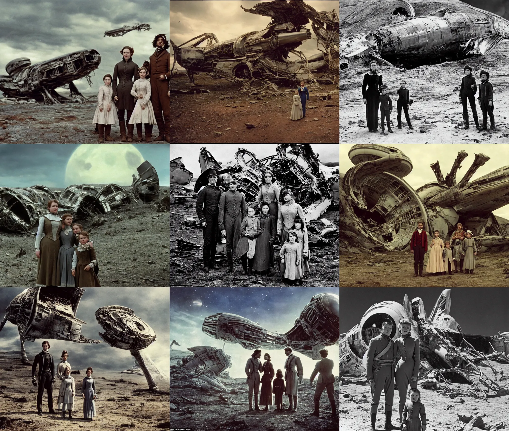 Prompt: sharply detailed, 7 0 mm film from blockbuster 8 k sci fi color movie freeze frame, set 1 8 6 0, family standing in front of crashed spaceship, on alien planet, looking happy, wearing 1 8 5 0 s era clothes, atmospheric lighting, in focus, reflective eyes, 8 0 0 mm lens, live action, nice composition and photography, clear facial features