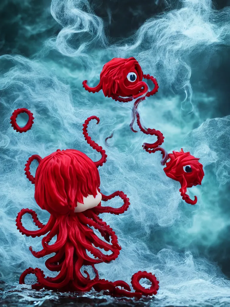 Image similar to cute fumo plush chibi gothic octopus prince boy washing his hair in the waves of the wavering dark galactic abyss, long black and red ruffled intricate uniform with ribbons, ocean wave thunderstorm and reflective splashing water, wisps of smoke and haze and volumetric fog, ocean simulation, vignette, vray