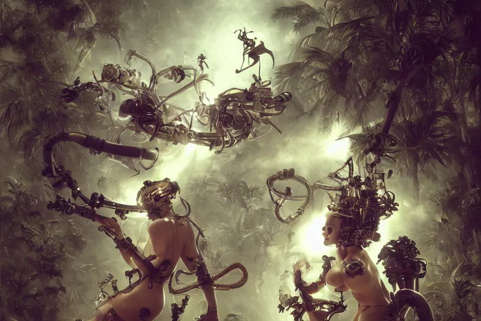 Prompt: an extreme close - up of a cyborg nymph wearing helmets of emperor charles v the wise playing with a giant insect surrounded by saxophones, palm trees, jungle fruit, and stylized designer modular chrome eye candy, volumetric light caustics clouds of smoke, by hajime soryama, boris vallejo, bouguereau, kim keever