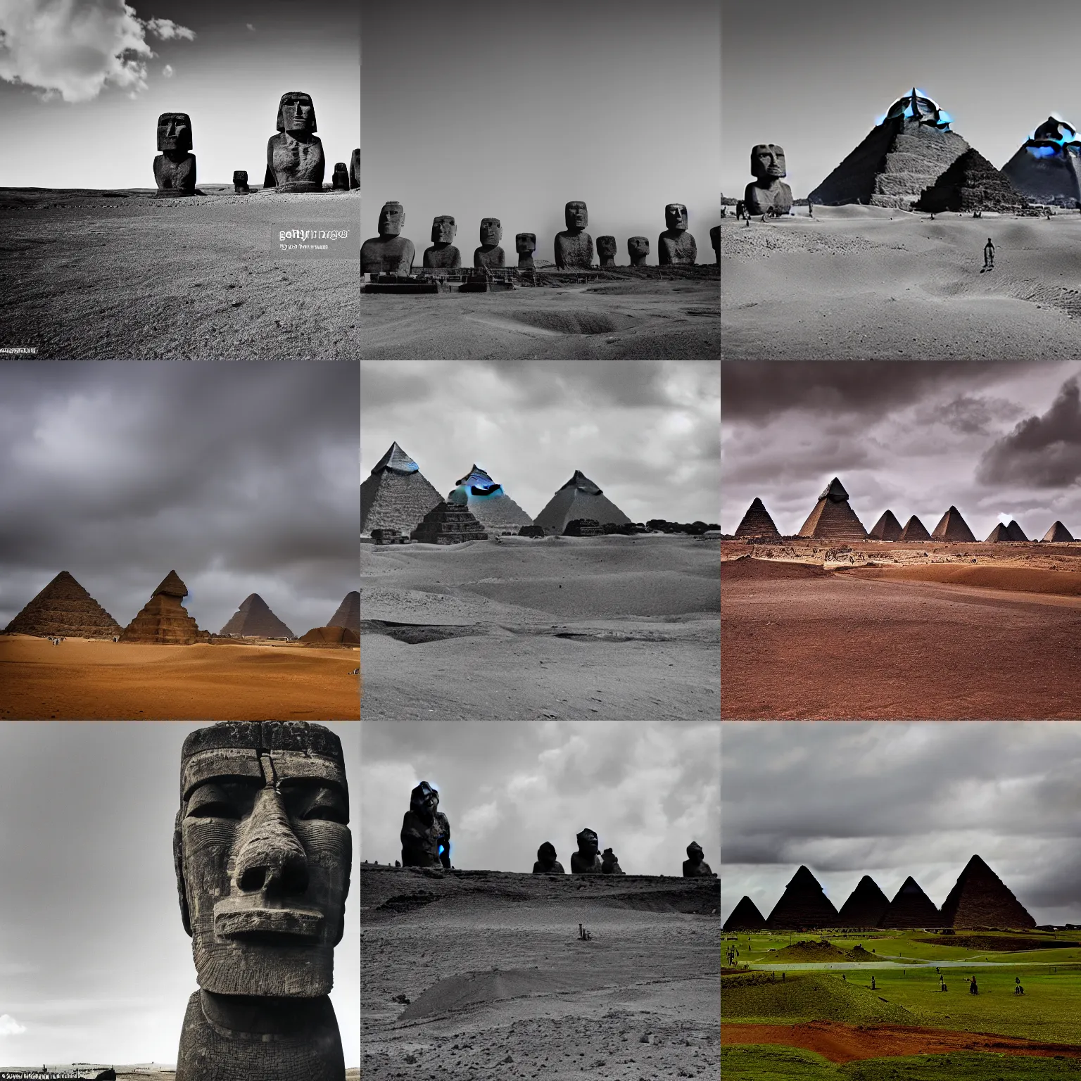 Prompt: moai looking at the great pyramids being built, award winning photo, high detail, atmospheric, 8k