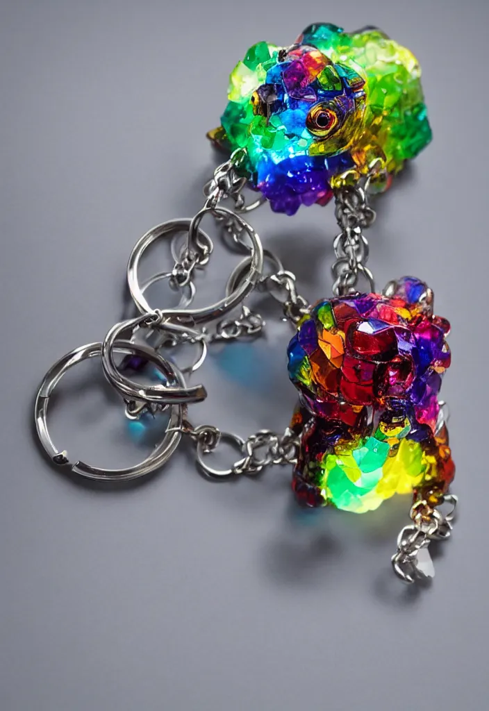 Image similar to a small colourful crystal bear keychain by greg rutkowski, sung choi, mitchell mohrhauser, maciej kuciara, johnson ting, maxim verehin, peter konig, 8 k photorealistic, cinematic lighting, hd, high details, dramatic, atmosphereric, trending on artstation