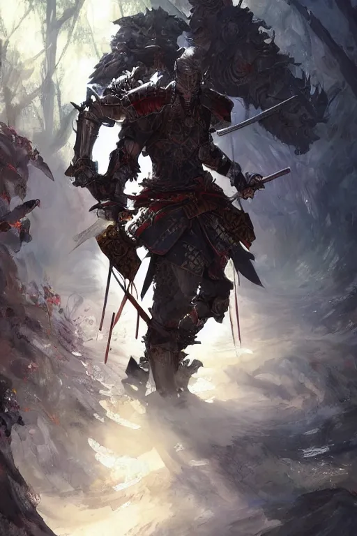 Image similar to a warrior in an epic samurai armor in dark japanese bamboo forest with light shafts, by jesper ejsing and maciej kuciara