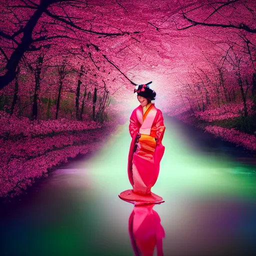 Image similar to beautiful full body portrait geisha walking on a trail through a forest of glowing cherry blossom trees with stream , beautiful face smiling, with cherry blossom in hand, ultra detail photo realistic cinematic neon lighting 4k shoot on Polaroid in 1977