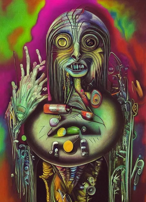 Prompt: “A surreal neon painting of a rotting shaman futuristic picasso by hr giger and Vladimir kush and dali and kandinsky, 3d, realistic shading, complimentary colors, vivid neon colors, aesthetically pleasing composition, masterpiece, 4k, 8k, ultra realistic, super realistic”