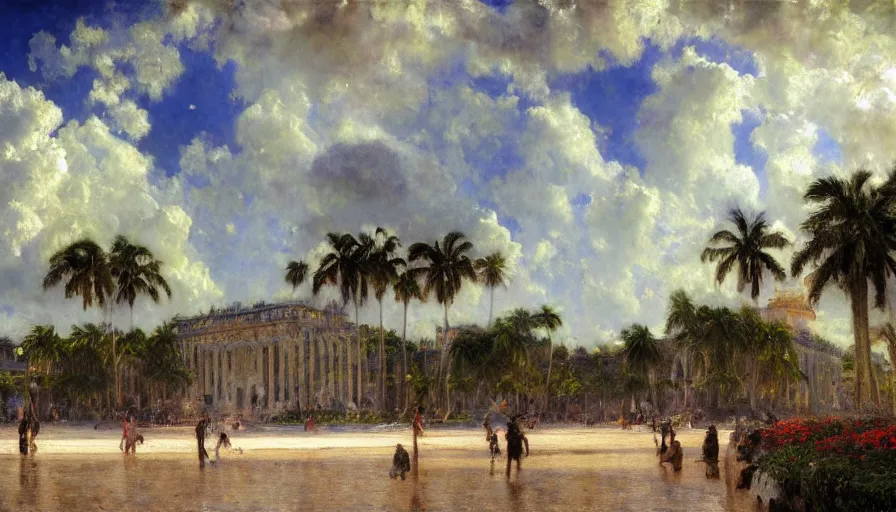 Image similar to a ultradetailed beautiful painting of the thundertorm sky of amazonas palace balustrade designed by jules bastien - lepage, derek zabrocki, greg rutkowski, belsinski, beach, trending on artstation, mediterranean, palm trees, sharp focus, colorful refracted sparkles and lines, soft light, 8 k 4 k