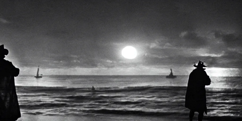 Image similar to film still of closeup old man holding up lantern by his beach hut at night. pirate ship in the ocean by emmanuel lubezki