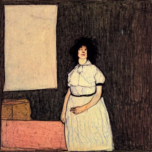 Image similar to a girl in a room, old polaroid by goya, by schiele, digital painting, jugendstil, strong lights, flat colors, pastel colors,