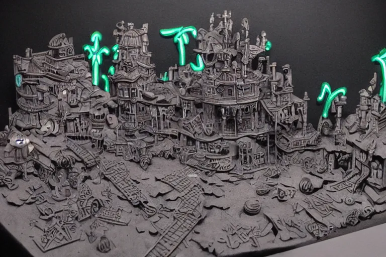 Prompt: mc escher and hr giver inspired neon lighted claymation diorama of the huge steampunk citadel