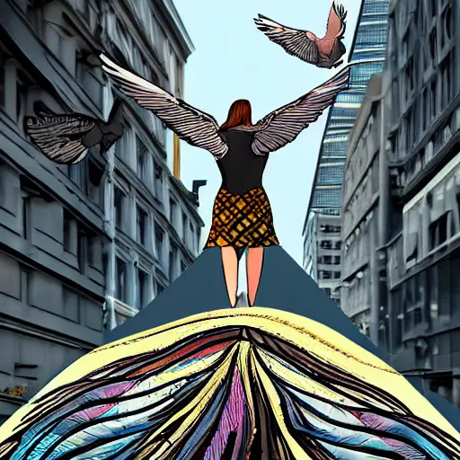 Image similar to Digital art of a woman riding a giant pigeon in the city skies