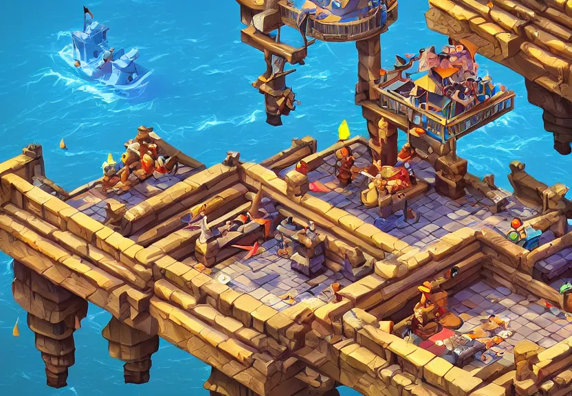 Image similar to isometric 3 d game level, based on pirate kings, with detailed, clean, cartoon, octane render, unreal engine, artgerm, artstation