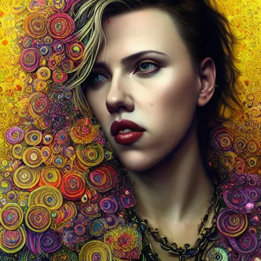 Image similar to portrait of scarlett johansson, hyper detailed masterpiece, neon floral pattern, jean giraud, digital art painting, darkwave goth aesthetic, psychedelic, artgerm, donato giancola and tom bagshaw