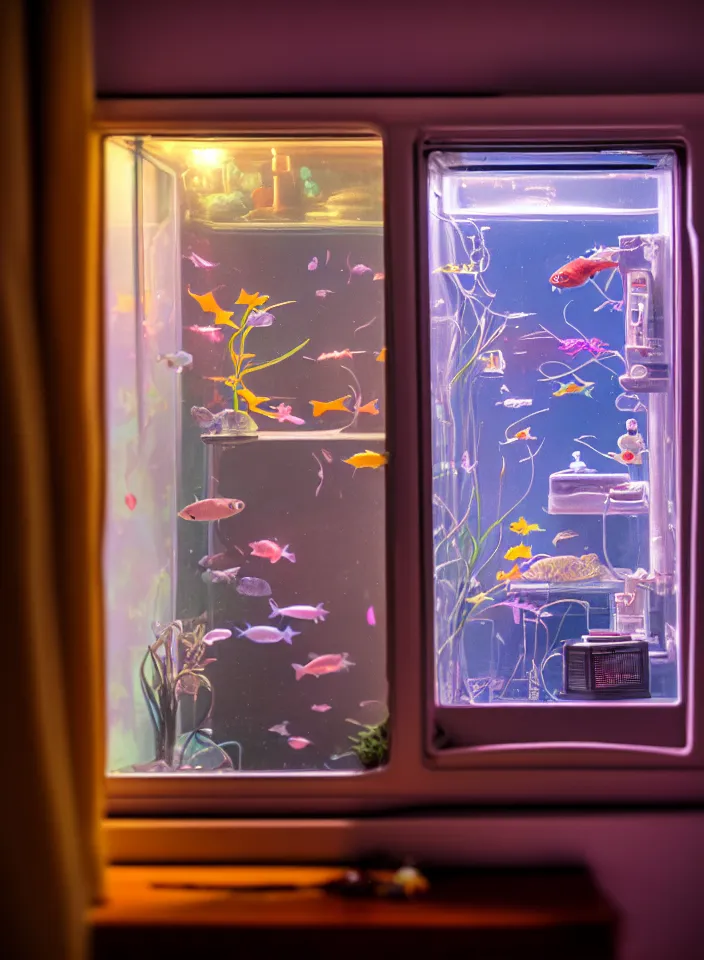 Image similar to telephoto 7 0 mm f / 2. 8 iso 2 0 0 photograph depicting the feeling of chrysalism in a cosy safe cluttered french sci - fi ( ( art nouveau ) ) cyberpunk apartment in a pastel dreamstate art cinema style. ( cat ) ( ( fish tank ) ), ambient light.