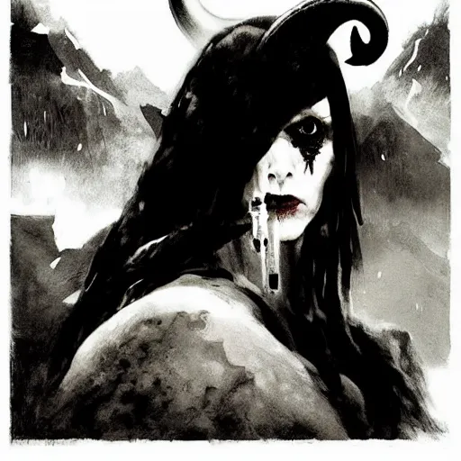 Image similar to dramatic portrait of a scandinavian undead witch female with animal horns ram, satanic kvlt by peder balke by peder balke by greg rutkowski, by guido crepax by norman bluhm mystic high contrast monochromatic noir angst pagan magic