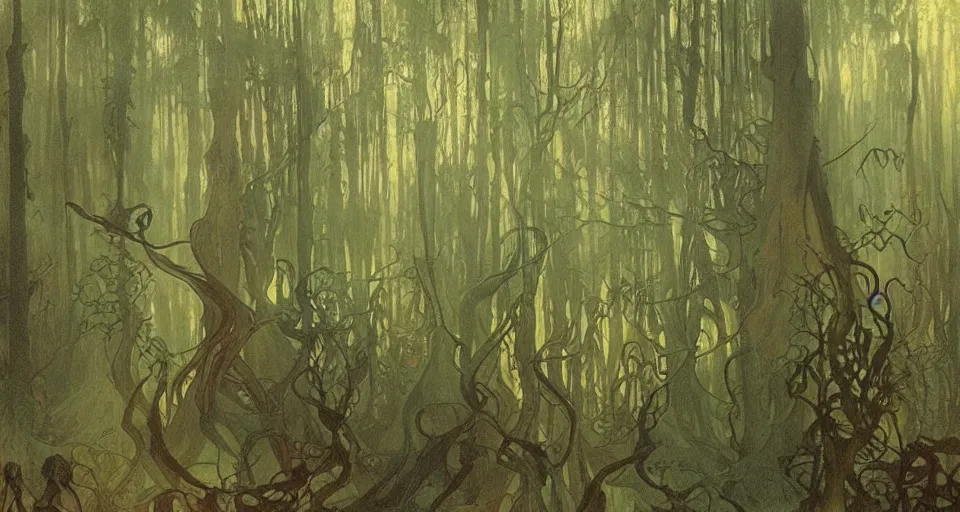 Image similar to A dense and dark enchanted forest with a swamp, by Alfons Maria Mucha