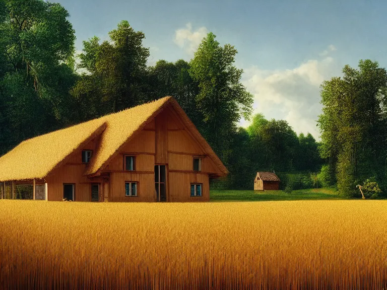 Image similar to hyperrealism photography of beautiful detailed eco house around the forest in small ukrainian village by taras shevchenko and wes anderson and caravaggio, wheat field behind the house