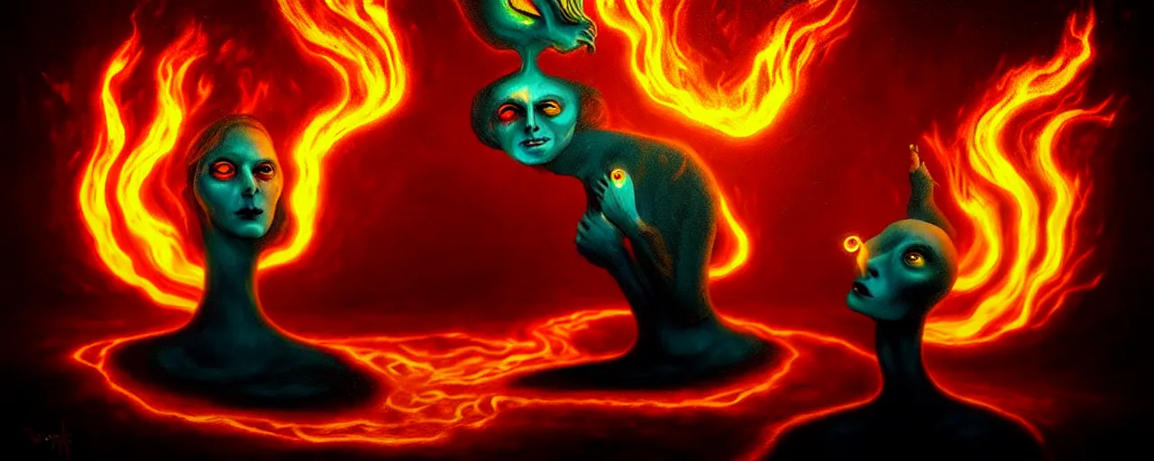 Image similar to whimsical fiery alchemical creatures, surreal dark uncanny painting by ronny khalil